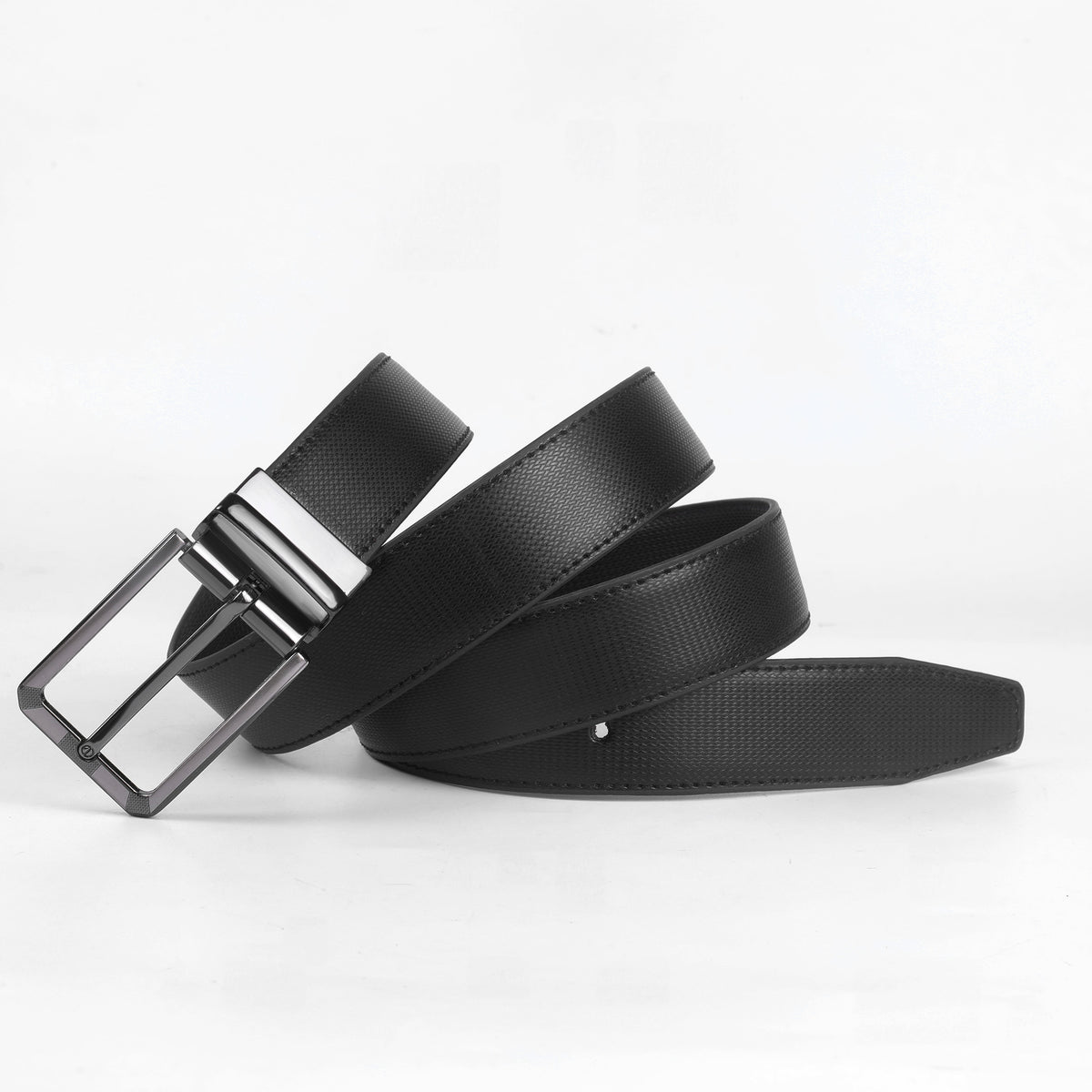 Men's Black Textured Leather Belt with Premium Metal Pin Buckle