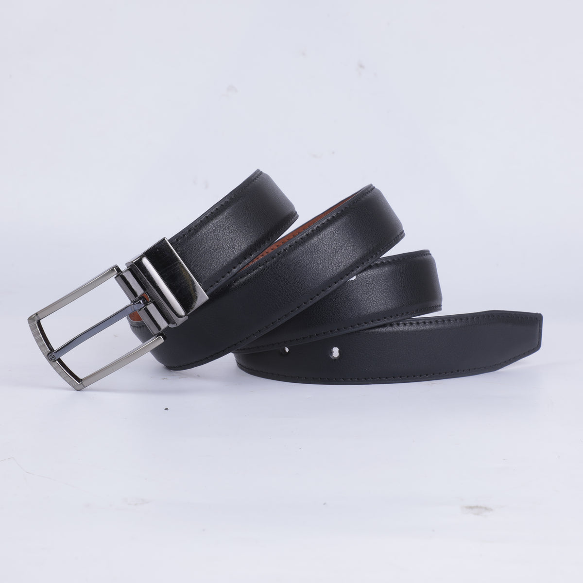 Men's Black Leather Belt with Premium Silver Metal Pin Buckle