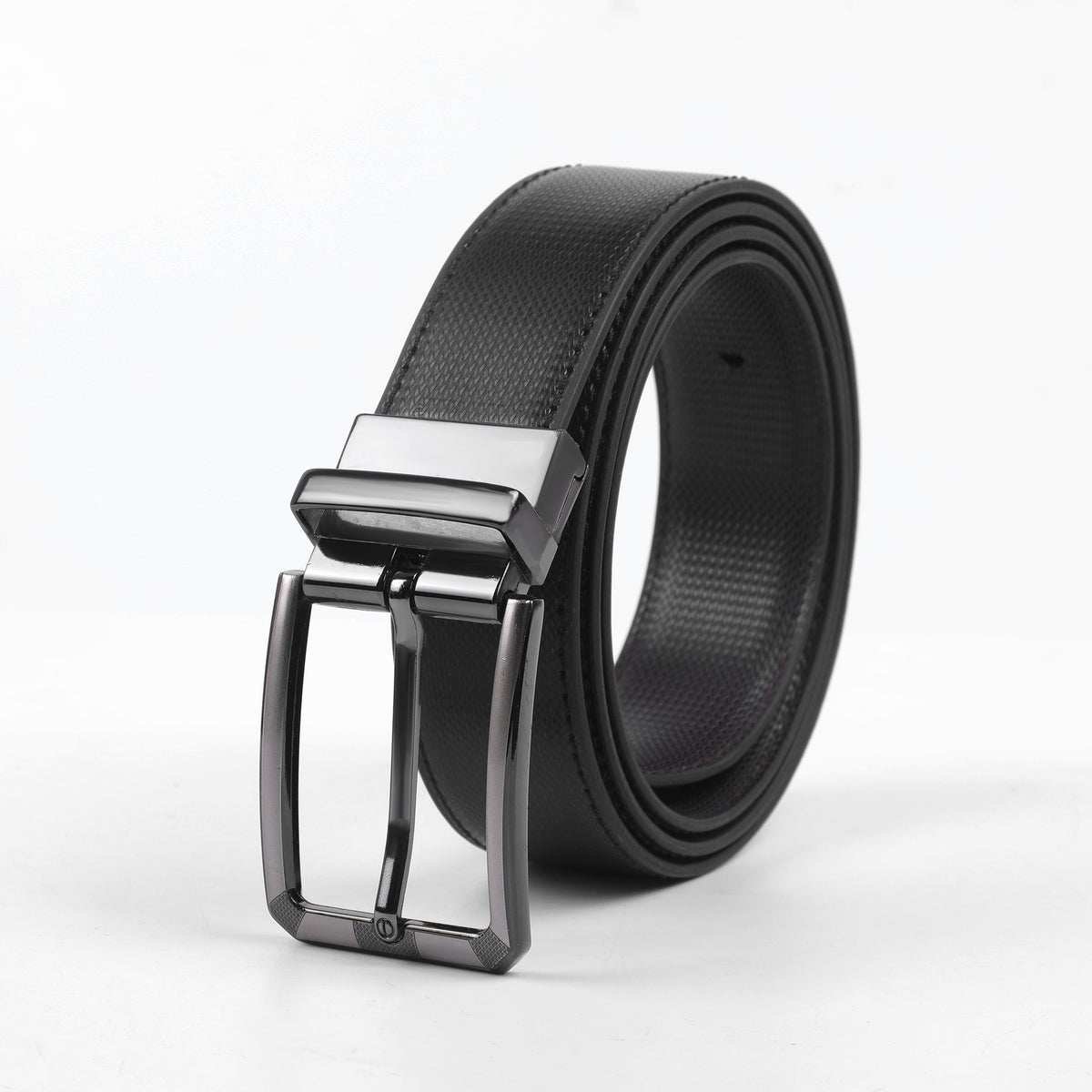 Men's Black Textured Leather Belt with Premium Metal Pin Buckle
