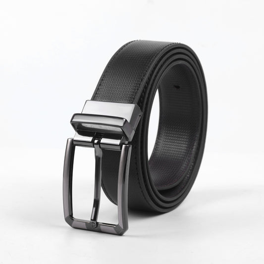 Men's Black Textured Leather Belt with Premium Metal Pin Buckle